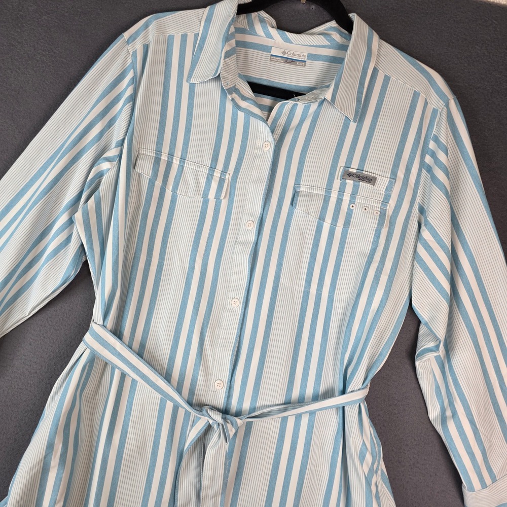 Columbia PFG Dress Women XL Blue White Striped Belted Long Sleeve Performance